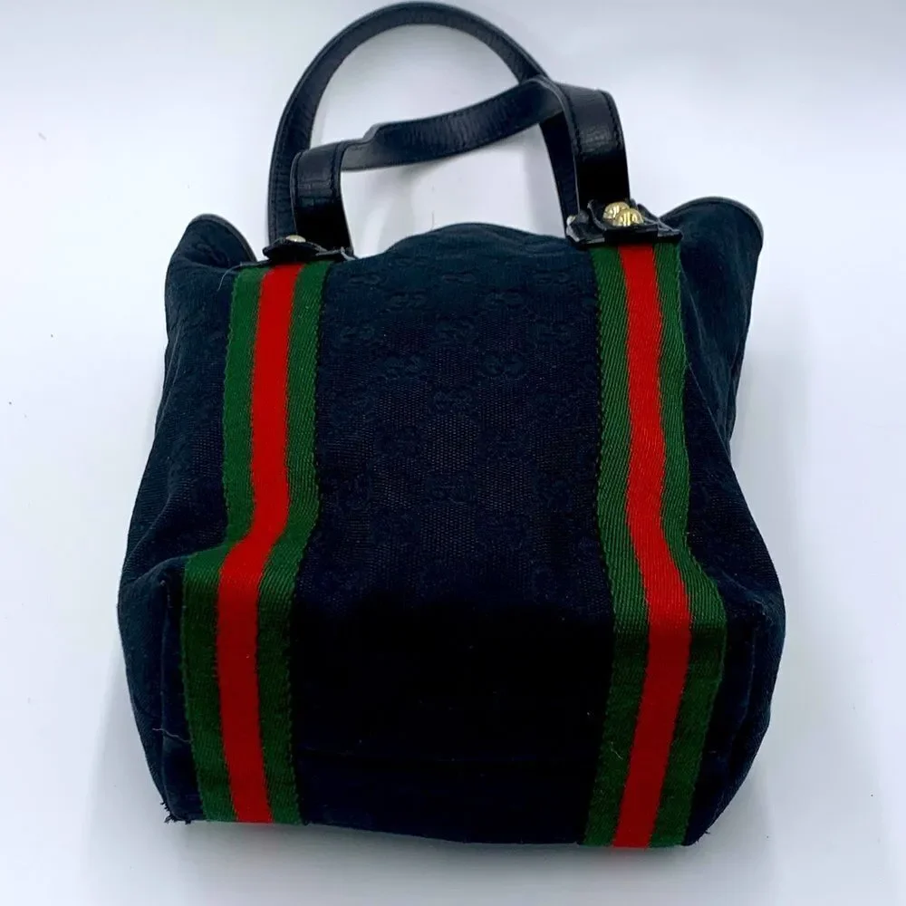 Gucci Small Black GG Canvas Sherry Line Jolicoeur Bucket Tote Bag Gold Charms